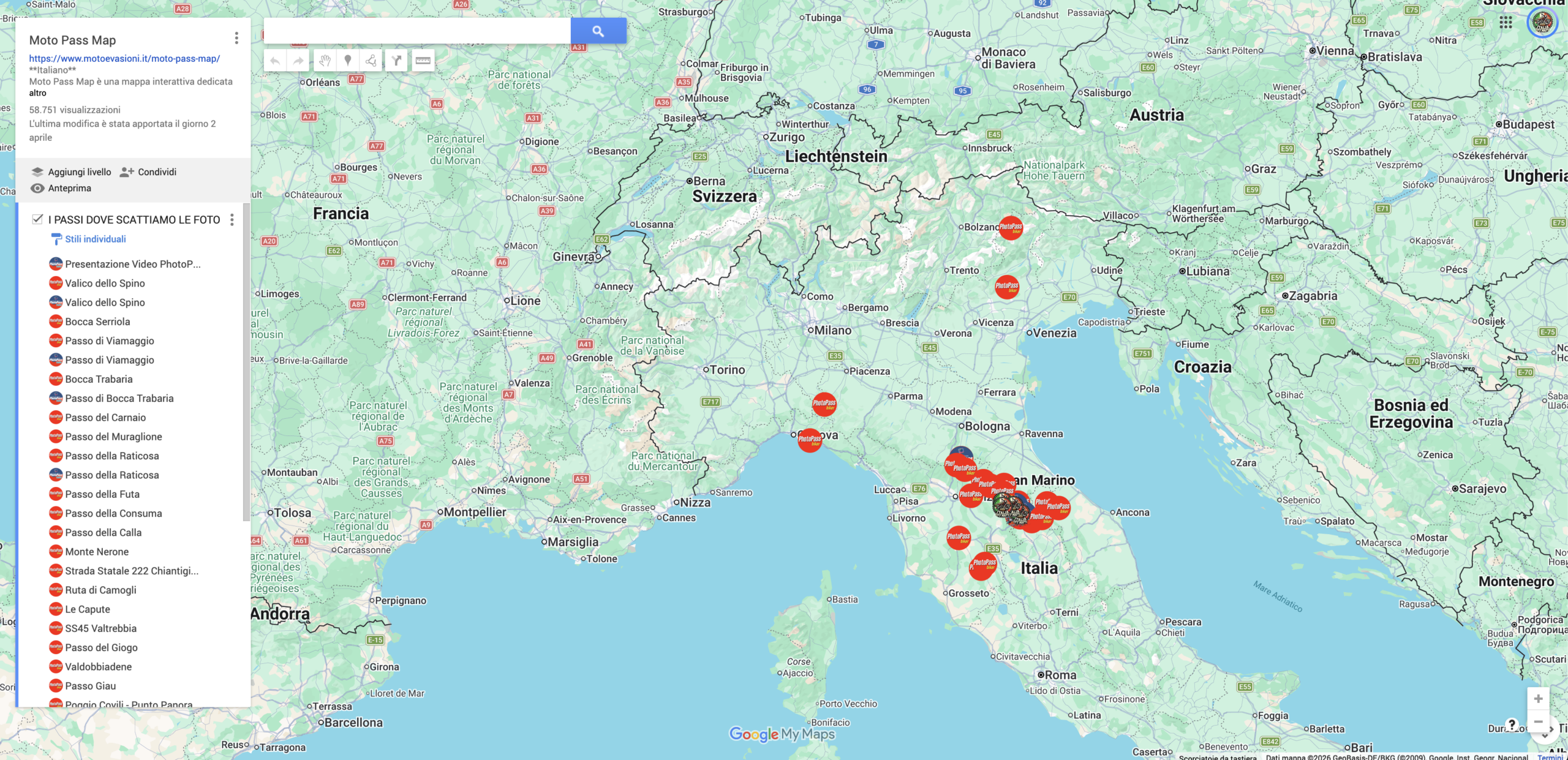 Schermata reale Moto Pass Map con passi e percorsi distribuiti sul territorio